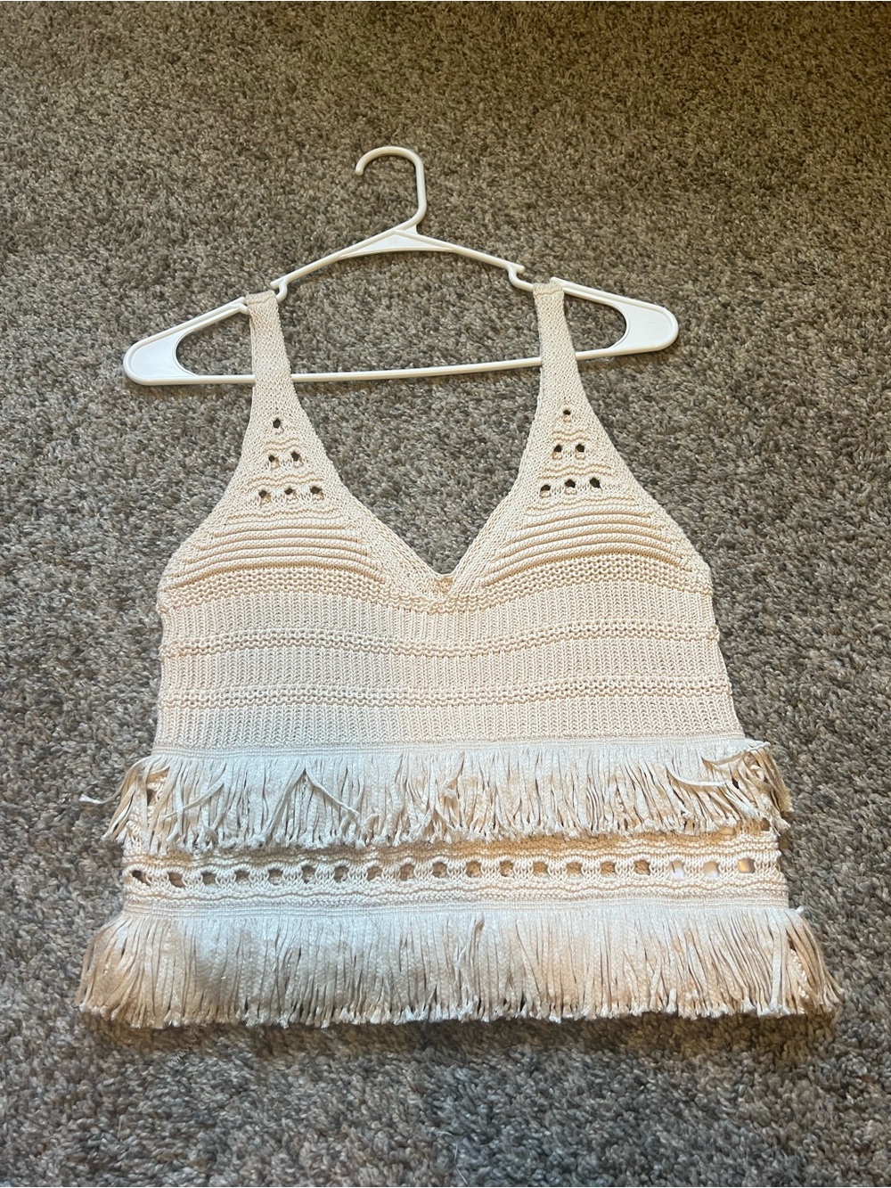 Crochet Fringe V-Neck Tank Top in Cream - 100% Cotton